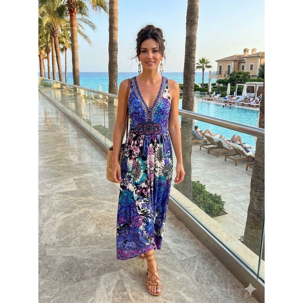 VTG ICE Beaded Resort Floral Boho Coquette Deep V Y2K Maxi Dress 8P Petite Flaw
